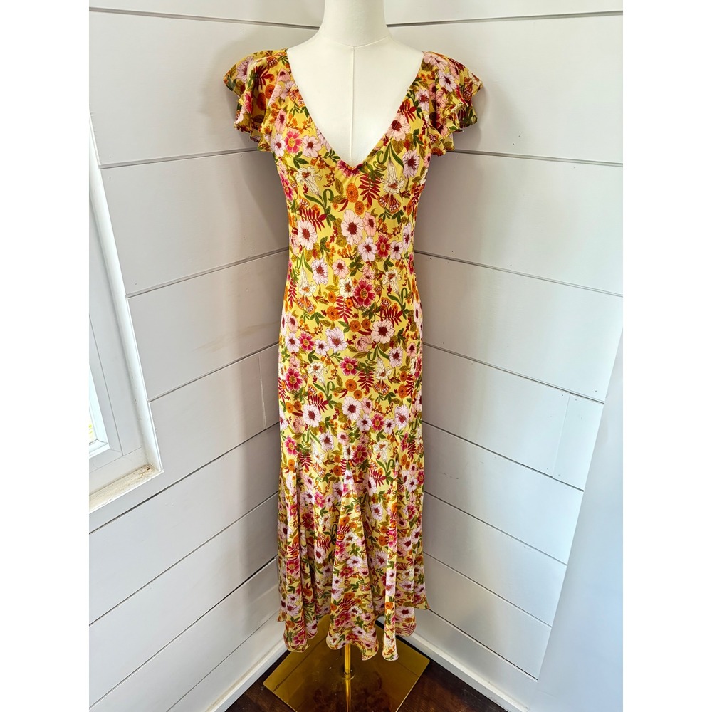 Dress Forum Maxi Dress Women Medium Yellow Floral V Back Flutter Sleeve Fairy
